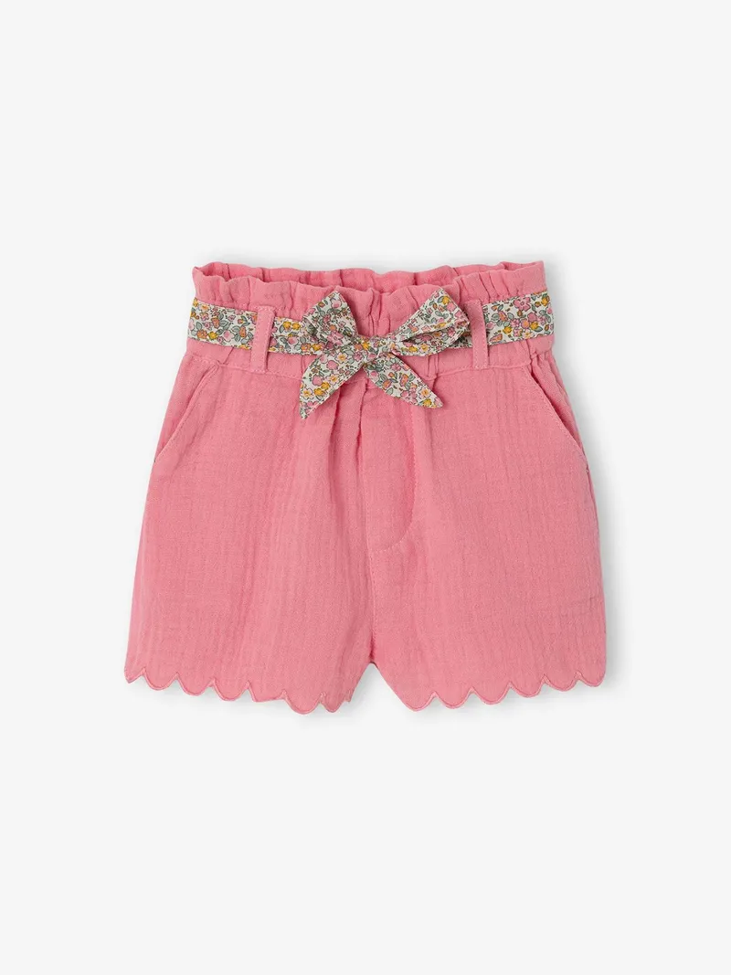 Vertbaudet Baby Musselin-Shorts mit Stoffgürtel und Wellensaum bonbon, Bonbon rosa, – Produktbild 1 von 3