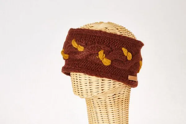 short'n'pietz short'n'pietz Schurwollstirnband zweifarbig mit Zopfmuster, handgestrickt, Dunkelbraun senf, – Produktbild 1 von 1