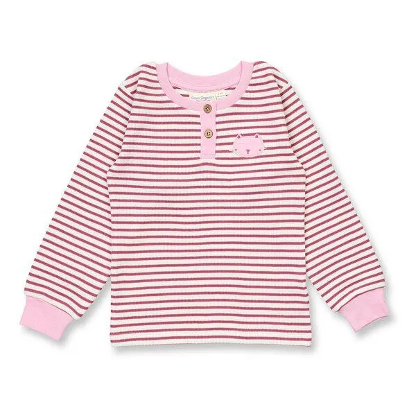 Sense Organics Sense Organics Kinder Schlafanzug, Modell JUNIS, Himbeerrot-weiß geringelt mit katzen-applikationn / himbeerrot-weiß geringelt, – Produktbild 2 von 4