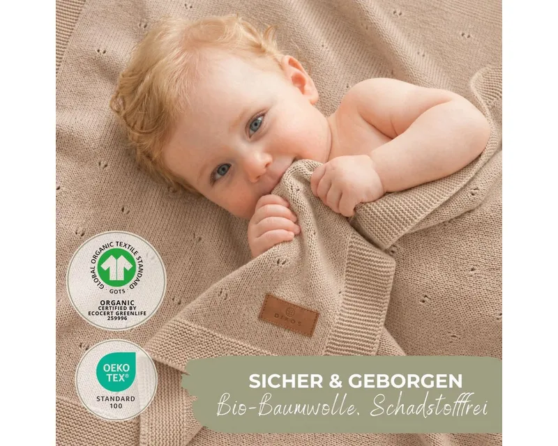 Babydecke DIKOS® aus *100%* Bio Baumwolle, Strickdecke, Geschenk zur Geburt, DIKOS, PREMIUM Qualität, Sommerdecke Ajour, 75x100, atmungsaktiv, weich, Warmes taupe, – Produktbild 5 von 5