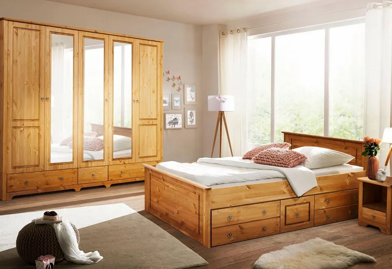 OTTO home Schlafzimmer-Set Hugo, (Set, 4-tlg), Bett 180x200 cm, 5-trg Kleiderschrank und 2 Nachttische, Beige, – Produktbild 2 von 5
