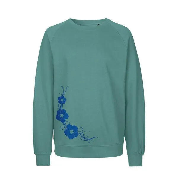 HANDGEDRUCKT HANDGEDRUCKT "Hibisken" Unisex Sweatshirt aus reiner Biobaumwolle (kbA), Teal, – Produktbild 1 von 2