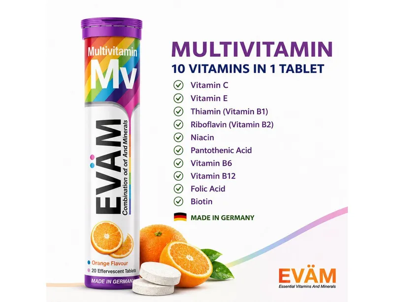 EVÄM Multivitamin Plus – 10 Vitamine in 1 Tablette, orange Brausetabletten, 1 er Rörchen à 20 St., 82 g – Produktbild 3 von 5