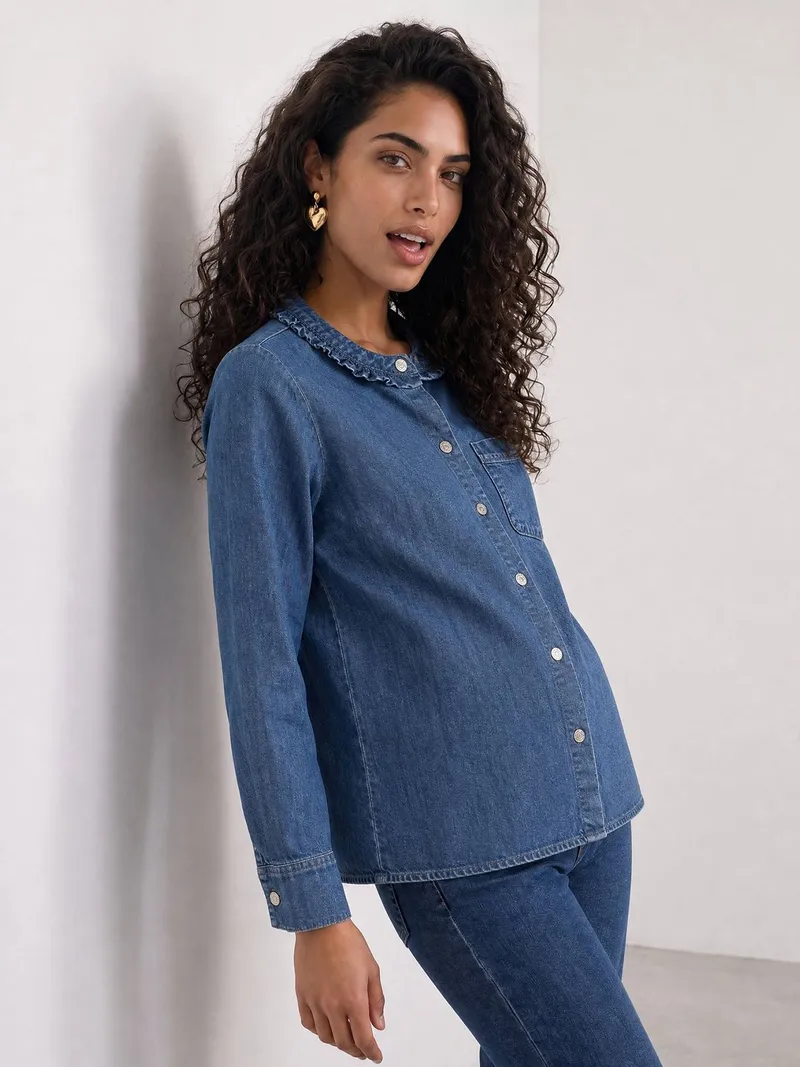 Vertbaudet Umstands-Jeansbluse mit Rüschen am Halsausschnitt mittel, Mittelblau, – Produktbild 2 von 4