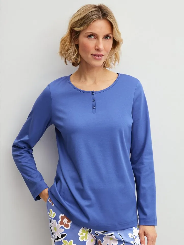 CALIDA CALIDA Langarmshirt Sleep Over M&M Damen (1-tlg) mit Knopfleiste, weiche Baumwolle und glatte Qualität, Blau, – Produktbild 3 von 5