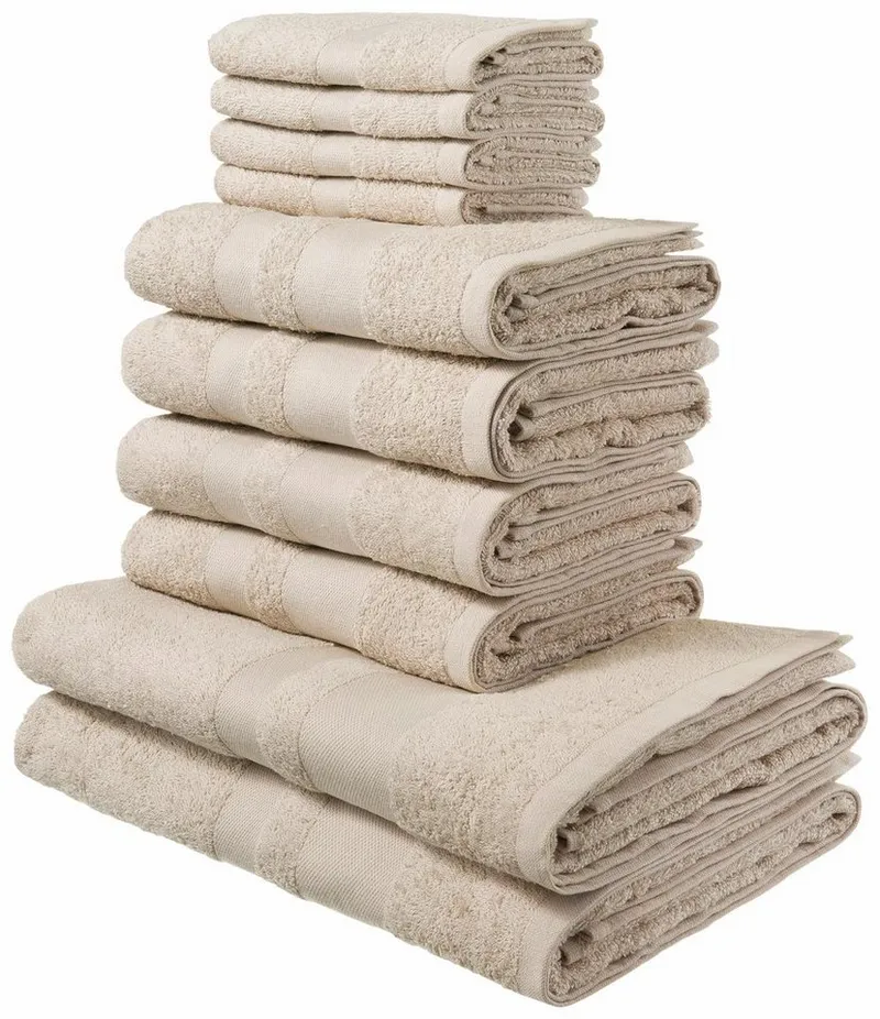OTTO home Handtuch Set Vanessa, 10-tlg Handtuch-Set, weich, in Standard- und Premium-Qualität, Walkfrottee (Set, 10-St), 100% Baumwolle, Duschtücher, Handtücher, Gästetücher, mit Bordüre, Beige, – Produktbild 2 von 8