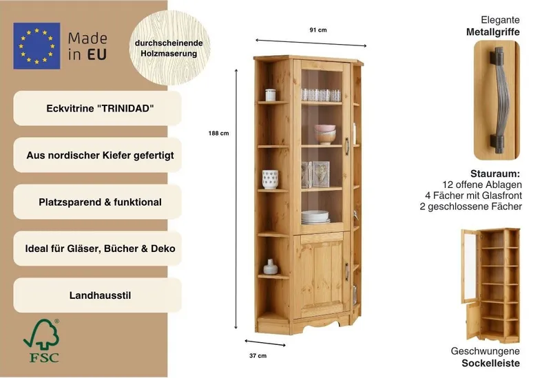 OTTO home Eckvitrine Trinidad Höhe 188 cm, FSC® zertifiziertes Massivholz, Beige, – Produktbild 1 von 4