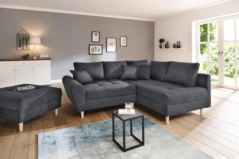 Home affaire Ecksofa Rice L-Form, B: 223 cm - OTTO. Verlässliche Qualität., Set: Sofa & Hocker, 3 Zierkissen, Federkern, Grau, – Produktbild 5 von 8