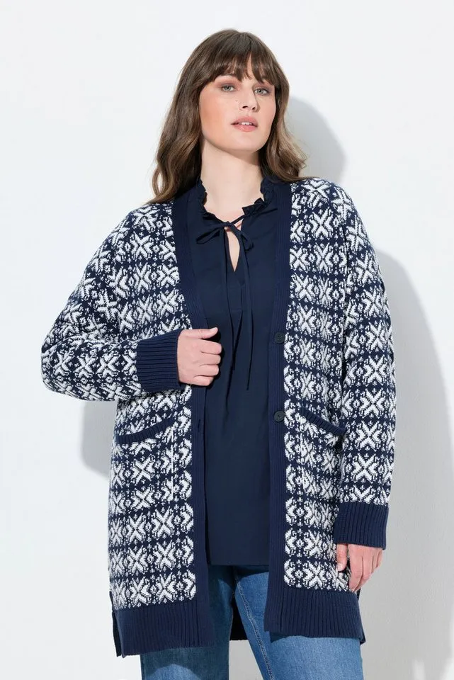 Ulla Popken Strickjacke Strickjacke Schneeflocken V-Ausschnitt, Blau|grün, – Produktbild 2 von 4