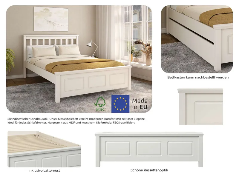 OTTO home Bett Tillian, Bettgestell, Doppelbett, Bettkasten optional, Made in EU (Liegefläche 140x200cm), aus massiver Kiefer in Kombination mit MDF, FSC®, inklusive Lattnerost, Weiß, – Produktbild 3 von 5