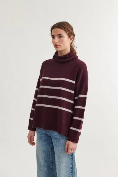 Basic Apparel Basic Apparel Gestreifter Pullover LISE mit Rundhals aus recycelter Wolle, Rot (port royal), – Produktbild 3 von 4