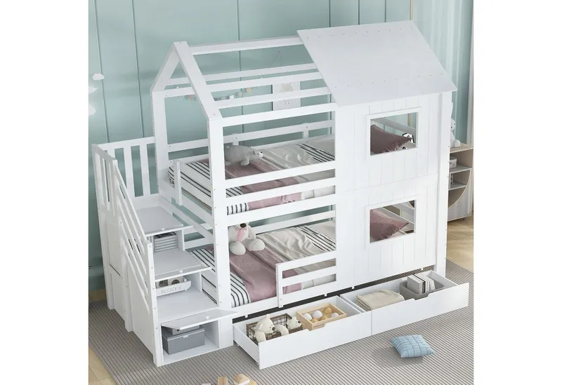 Merax Etagenbett 90x200cm mit Dach und Fenstern (1-St., Stockbett Jugendbett Doppelbett Hausbett), Kinderbett mit Treppenschrank, Ablagefächern & Aufbewahrungsschublade, Weiß, – Produktbild 3 von 4