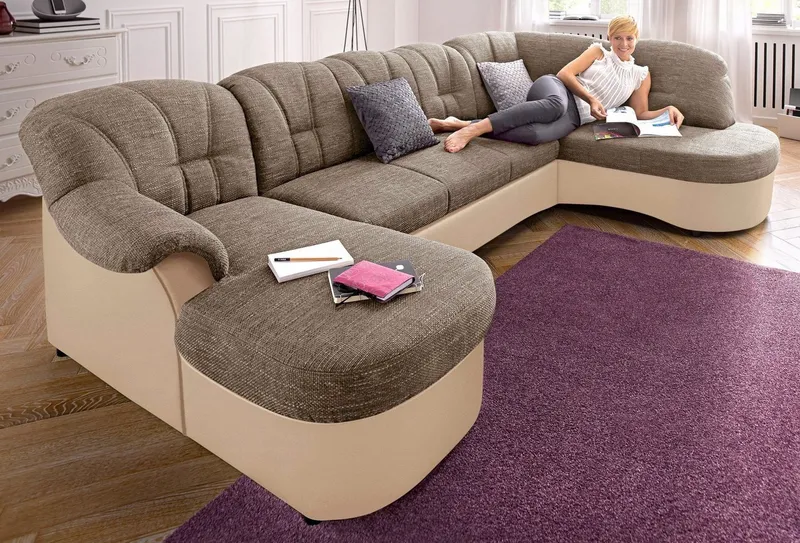 DOMO collection Wohnlandschaft FLORES 293x180x86 cm, hochwertig, komfortabel, U-Form, 3 Teile, wahlw. mit Bettfunktion, wahlw. mit Federkern, Unser Dauertiefpreis, Beige|braun, – Produktbild 2 von 8