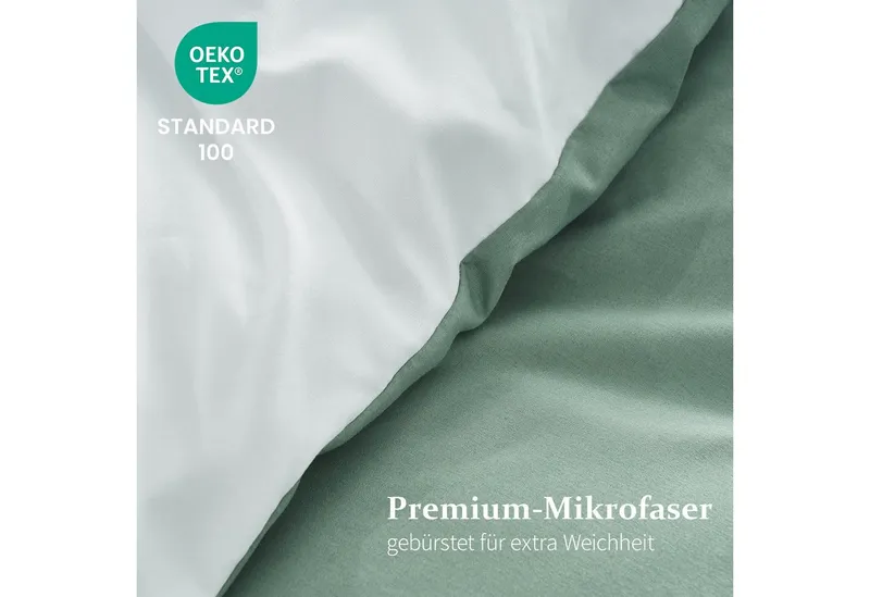 Topfinel Bettwäsche 135x200cm 4 teilig winterbettwäsche mit reißverschluss bügelfrei wärm, satin, 2 teilig, kühlende bettwäsche 135 x 200 Salbeigrün Weiß wendebettwäsche boho, Grün, – Produktbild 4 von 5