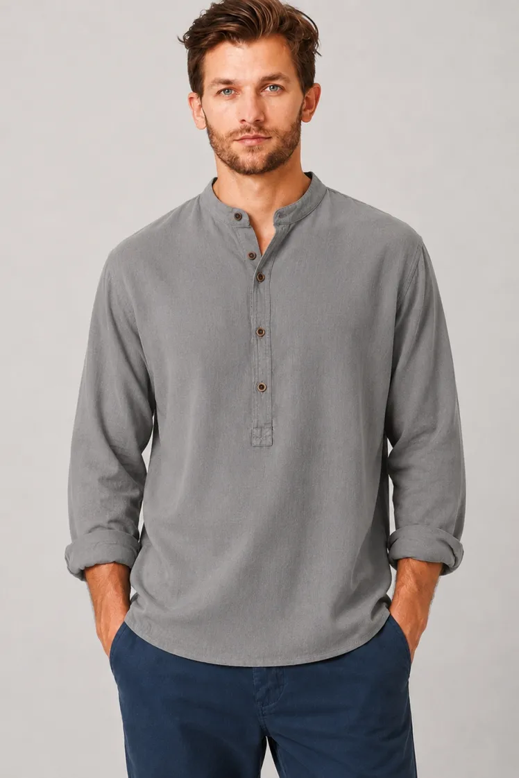 HempAge Hempage Herren vegan Hemd Mit Stehkragen Taupe, Beige, – Produktbild 2 von 2