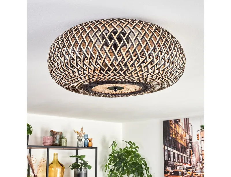 hofstein Deckenleuchte Deckenlampe aus Metall/Bambus in Schwarz/Natur, ohne Leuchtmittel, Boho-Style, skandinavisches Design, Schirm Ø 50cm, Lichteffekt, 3x E27, Beige|schwarz, – Produktbild 2 von 5