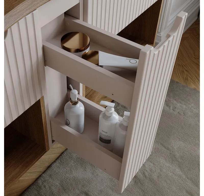 Lomadox Waschtisch NEWPORT-56-CASHMERE, in kaschmir & Eiche, gerillte Front, geringe Tiefe für kleine Bäder, Weiß, – Produktbild 3 von 5