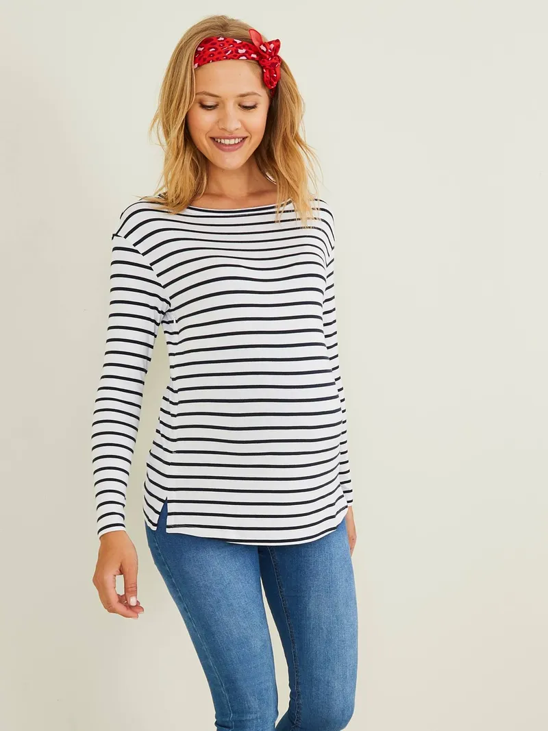 Vertbaudet Umstandsshirt mit verdeckten Stillöffnungen, Weiß/blau gestreift, – Produktbild 2 von 4