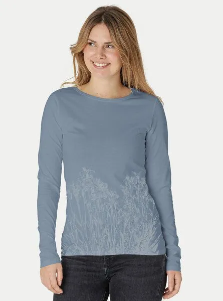 Peaces.bio - handbedruckte Biomode Peaces.bio - handbedruckte Biomode Langarmshirt Damen Mystic Iris, Blaugrau, – Produktbild 2 von 2