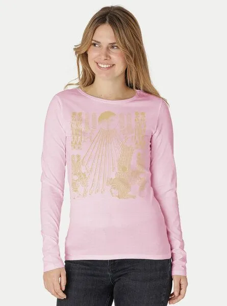 Peaces.bio - handbedruckte Biomode Peaces.bio - handbedruckte Biomode Langarmshirt Damen Sonnenscheibe Aton, Rosa, – Produktbild 2 von 3