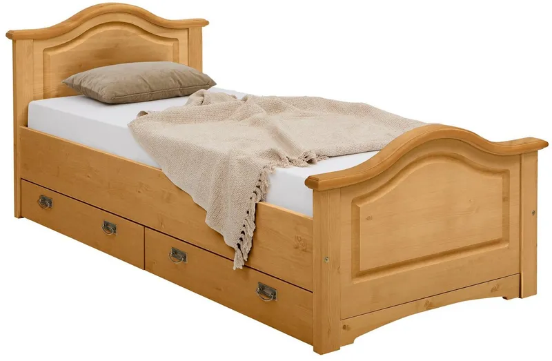 OTTO home Massivholzbett Konrad, Stauraumbett, Messinggriffe, rustikaler Landhausstil, mit FSC®-zertifiziertem Massivholz, Liegehöhe 40 cm, Beige, – Produktbild 3 von 5