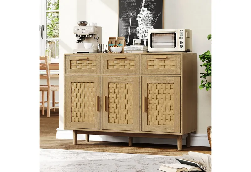 Simurq Sideboard Küchenschrank mit Rattangeflecht,3 Türen & 3 Schubladen,108x40x80 cm (2 Pakete, Aufbewahrungsschrank für Küche, Esszimmer, Rattan Kommode mit Verstellbaren Ablagen,Buffetschrank), Platzsparend,Pflegeleicht,Stabil,Verstellbare Einlegeböden, Natur, – Produktbild 1 von 5