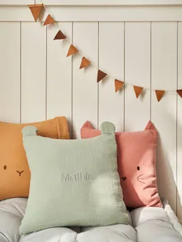 Vertbaudet Deko-Kissen mit Tier-Gesicht und Ohren Musselin-Bezug abnehmbar Kinderzimmer personalisierbar salbei – Produktbild 1 von 1
