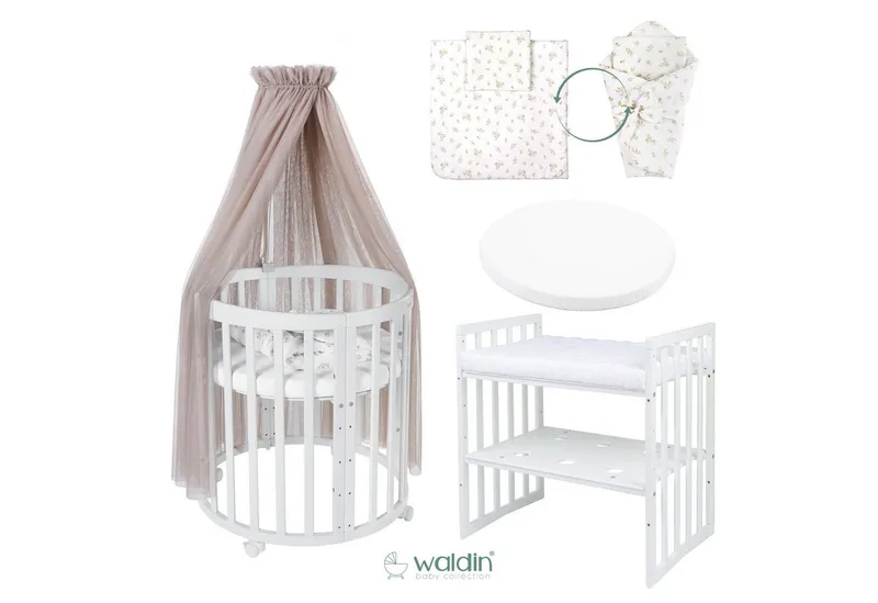 Waldin Waldin Babybett Oval 7in1 mitwachsend, Beistellbett, Matratze, Rollen, Braun, – Produktbild 3 von 5