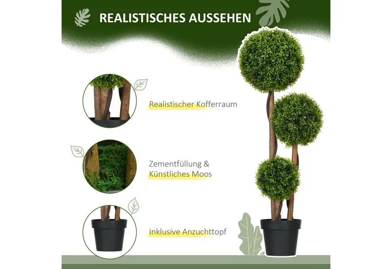 HOMCOM Kunstpflanze Künstliche Pflanze wie echt, Kunstbaum mit 3 Kugeln für Wohnzimmer Buchsbaum, Bambus, HOMCOM, Höhe 110 cm, UV-beständig, im Topf, pflegeleicht, Grün, – Produktbild 4 von 4