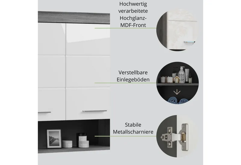 furnling Hängeschrank Scott 2 Türen, 1 offenes Fach, Stauraum, Badmöbel, Badschrank, 74 cm breit, Grau|silberfarben, – Produktbild 4 von 5