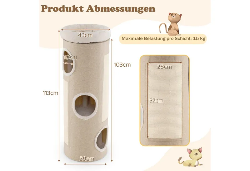 COSTWAY COSTWAY Kratzbaum Katzentonne mit 3 Höhlen, 4 Ebenen Katzentonne, 113 cm hoch, Natur, – Produktbild 5 von 5