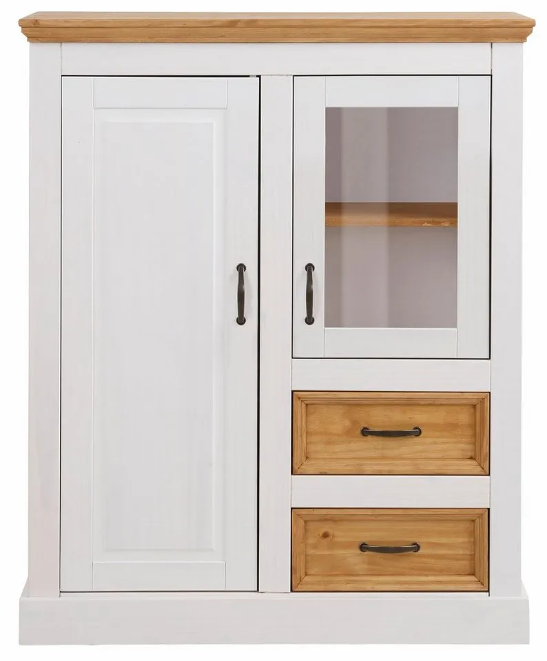 OTTO home Highboard Selma Vitrine mit 2 Türen, eine davon mit Glaseinsatz und 2 Schubläden, aus massivem Kiefernholz, mit einer natürliche Maserung, Metallgriffe, Weiß, – Produktbild 4 von 4