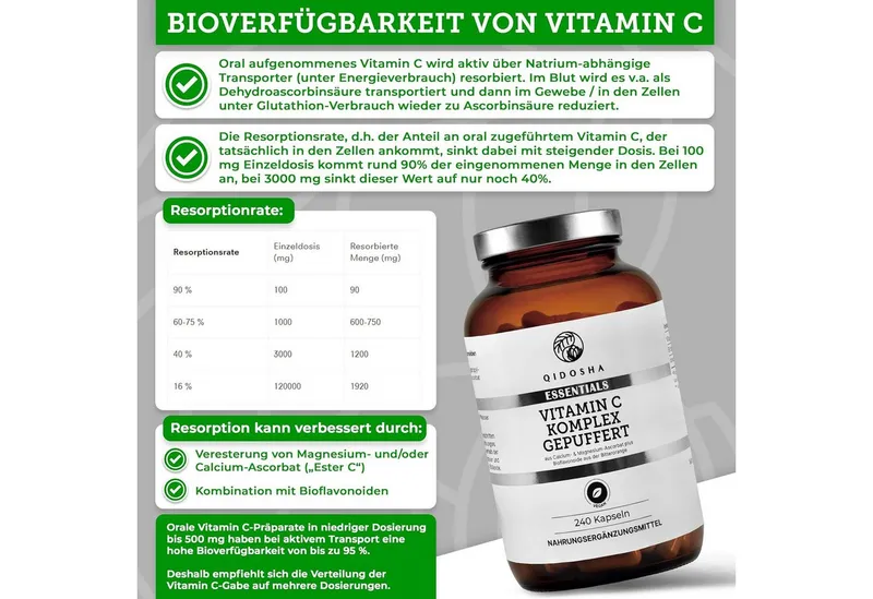 QIDOSHA Vitamin C Komplex gepuffert Kapseln, 240 St., 187.4 g, Mit Bioflavonoiden – Produktbild 4 von 5
