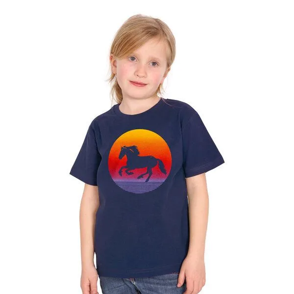 HANDGEDRUCKT HANDGEDRUCKT "Sunsethorse" Unisex Kinder-T-Shirt, Frenchnavy, – Produktbild 1 von 3