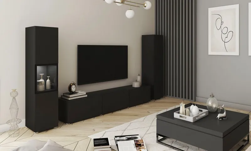 Home affaire Wohnwand BERLIN III, Vitrine Türschlag links/rechts wechselbar, (Komplett-Set, 3-St), moderne grifflose Mediawand Breite 260 cm, Vitrine mit Verglasung, Schwarz, – Produktbild 4 von 4