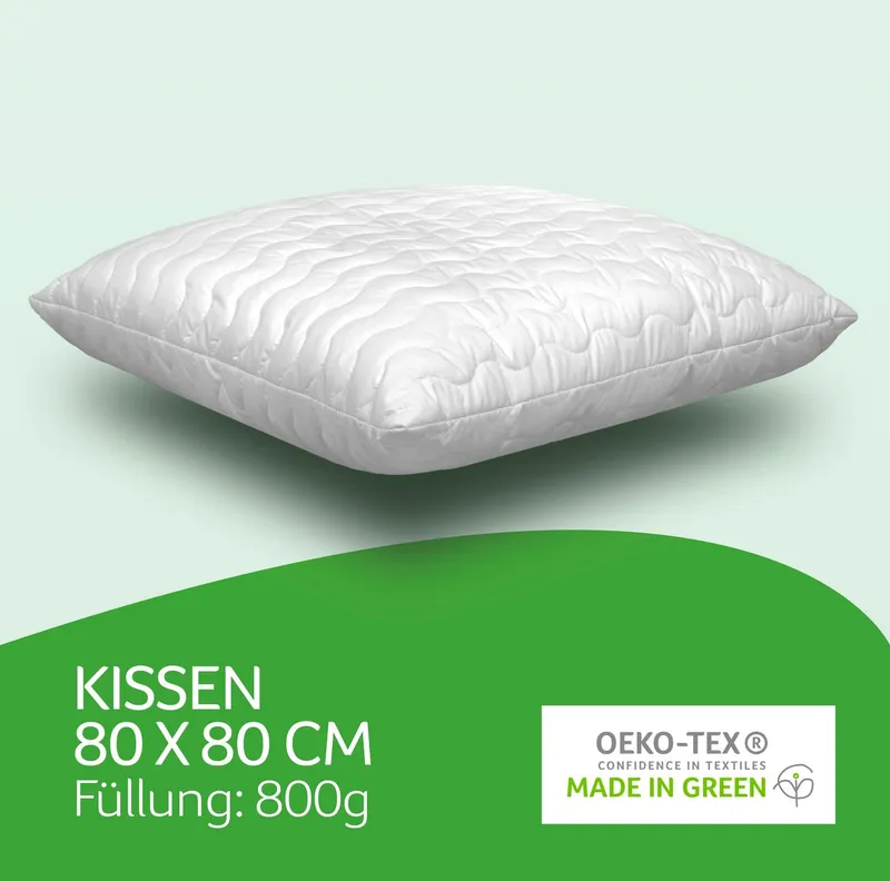 John Cotton Kopfkissen Julia, Kissen ist Made in Green, Füllung: Polyester, Bezug: 100% Polyester, Seitenschläfer, Bauchschläfer, Rückenschläfer, Kopfkissen 40x80 cm, 80x80cm, kochfest 95°C, sehr flauschig, Weiß, – Produktbild 1 von 7