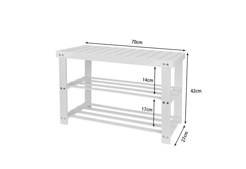 JEOBEST Schuhbank Schuhregal, Bambus Schuhbank mit 3 Ablagen, für 6-8 Paar Schuhe, Platzsparend 70 x 27 x 42cm, Weiß, – Produktbild 2 von 5