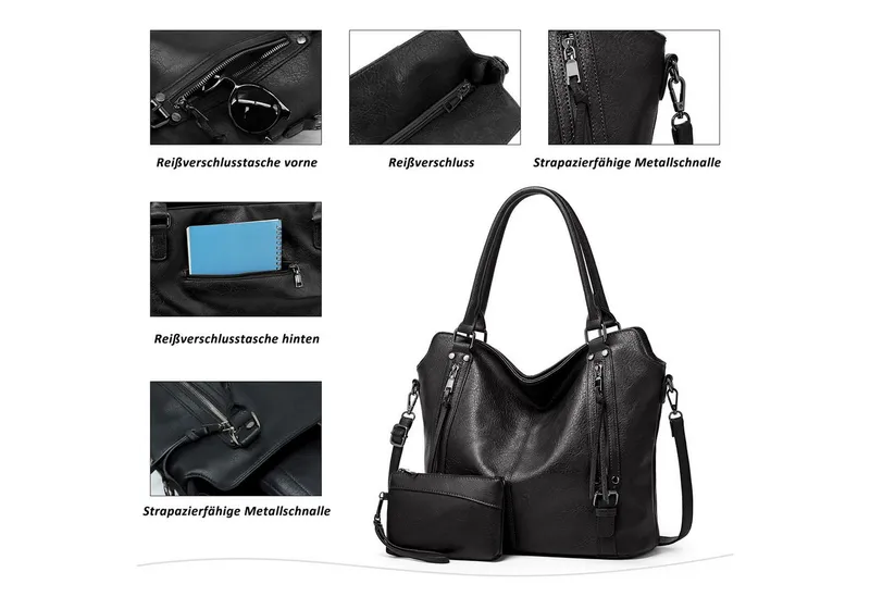 TANTOMI Handtasche Damen Schultertasche Groß Shopper Vegan Handtasche, Handtaschen Umhängetasche Geldbörse Damen Taschen 2-Tlg, Schwarz, – Produktbild 4 von 5