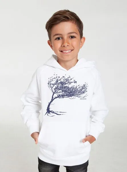 Peaces.bio - handbedruckte Biomode Peaces.bio - handbedruckte Biomode Bio-Kinder-Kapuzen-Sweatshirt "Windy Tree", Weiss, – Produktbild 2 von 2