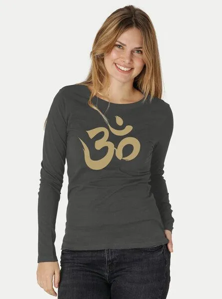 Peaces.bio - handbedruckte Biomode Peaces.bio - handbedruckte Biomode Bio-Damen-Langarmshirt "OM", Graphitgrau, – Produktbild 2 von 3