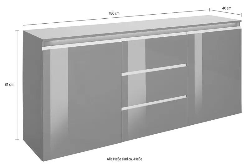 Home affaire Sideboard Magic, Kommode, Schrank, Stauraumschrank, mit 2 Türen und 3 Schubkästen Hochglanz lackiert (B/T/H) 180x40x81 cm, Weiß, – Produktbild 4 von 5