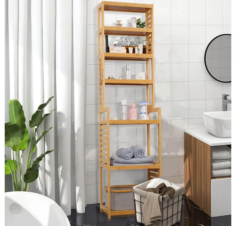 WAOHO Standregal Badezimmerregal Bambus-Bodenständer, Bambus-Regal, 7 Etagen, Beige, – Produktbild 3 von 5