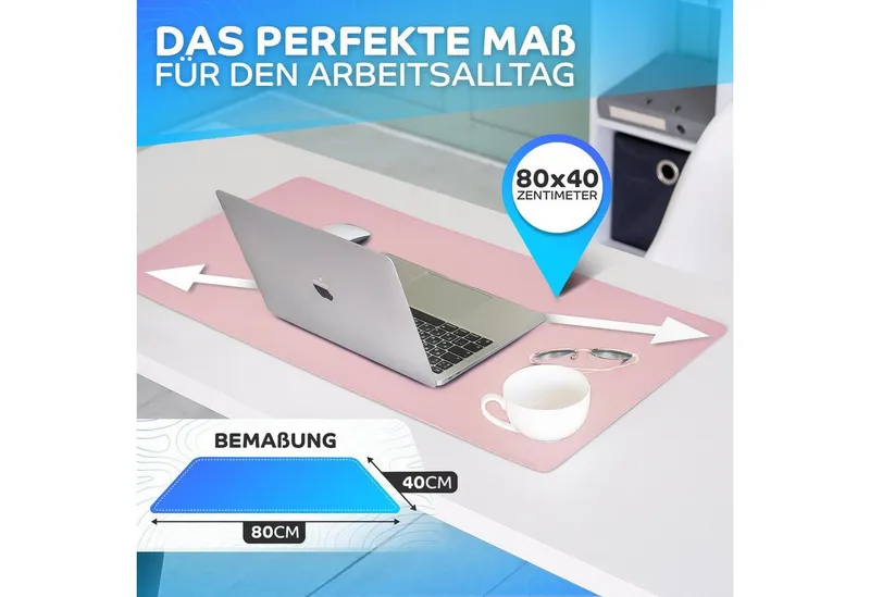 MAXLVL Gaming Mauspad Schreibtischunterlage - Mauspad mit Vernähte Kanten - abwaschbar (80x40 cm, Schreibtisch Unterlage für Büro), Tischunterlage Schreibtisch aus PU-Leder, Rosa, – Produktbild 2 von 5