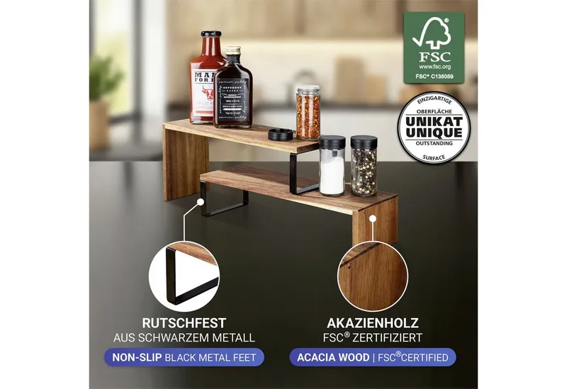 Wenko Wenko Küchenregal Modell Vali Akazie, 2-tlg., Regal aus Akazienholz für die Arbeitsfläche, flexibel kombinierbar, Braun|schwarz, – Produktbild 4 von 5