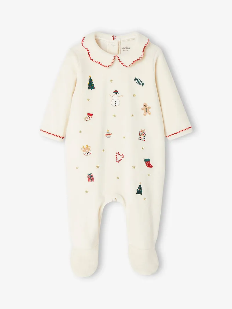 Vertbaudet Baby Samt-Strampler mit Weihnachts-Stickereien, Wollweiß, – Produktbild 2 von 4