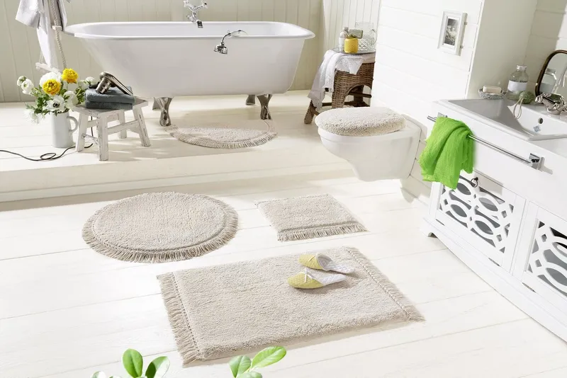 OTTO home Badematte Finca, Badvorleger, Badezimmer Teppich, Höhe 16 mm, rutschhemmend beschichtet, strapazierfähig, fußbodenheizungsgeeignet, Baumwolle (Bio-Baumwolle), rund, Fransen, Boho, Badteppich, Bio-Baumwolle, auch als 3 teiliges Set, Beige, – Produktbild 3 von 5