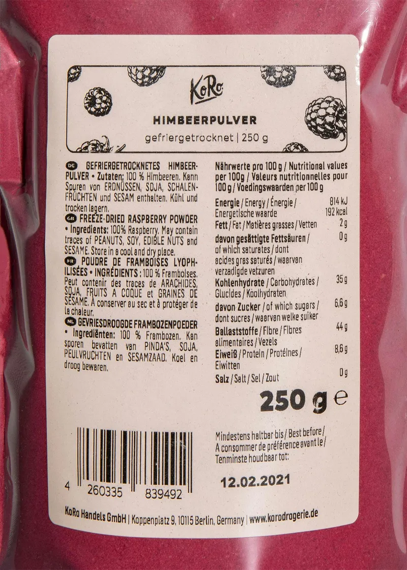 KoRo Gefriergetrocknetes Himbeerpulver 250 g – Produktbild 4 von 5