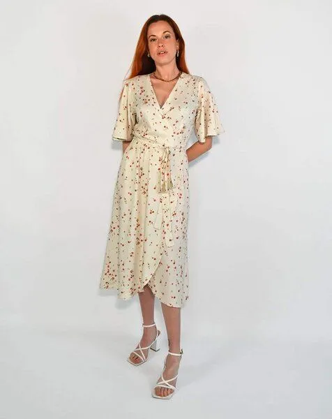 Aatise Aatise Zargot Blumen-Wickelkleid aus 100% Ecovero beige Blumendruck, Beige, – Produktbild 1 von 4