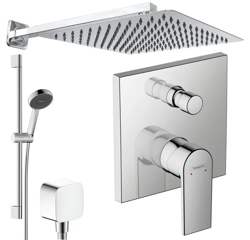 Hansgrohe und Jowi Duscharmatur Vernis Shape Unterputz Duschsystem mit Kopfbrause, Regendusche (Unterputz-Duschsystem, Set) mit Brausestange, 650mm, Silberfarben, – Produktbild 1 von 1