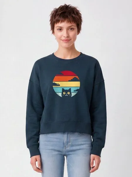 watapparel watapparel Sweatshirt Frauen Retro Sunset Cat, Deep teal, – Produktbild 2 von 2